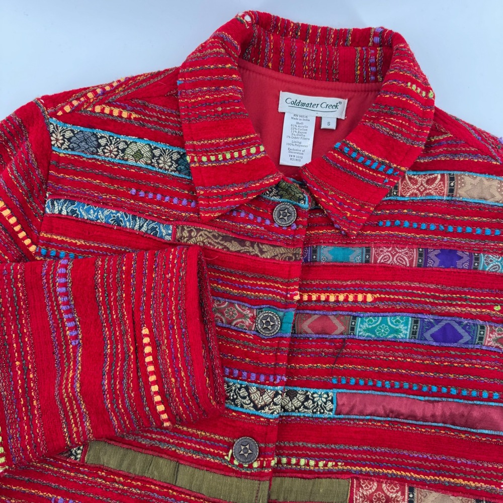 Coldwater Creek Red Striped Patchwork Jacket Small Button Front Boho Art to Wear